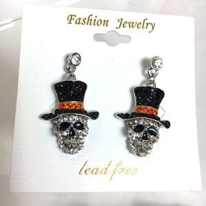 Skull w/ Top Hat  jeweled post earrings NWOT